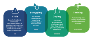 A diagram depicting four different mental health states - crisis, struggling, coping and thriving.