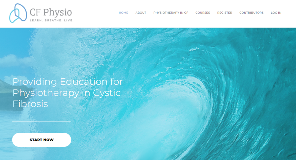 A screenshot of the CF physio website home page, showing the header image of a wave and the top navigation.