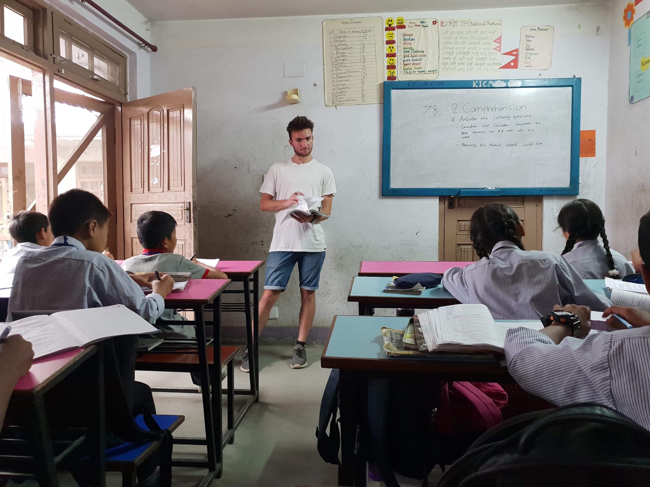 Sam Lefoe, teaching students English in a school in Nepal.