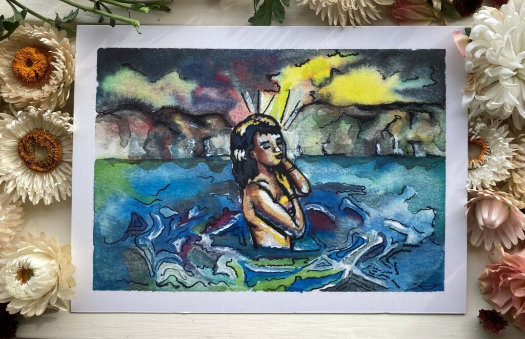 A watercolour artwork by Lucy Paterson, of a a nude woman bathing in a body of water.