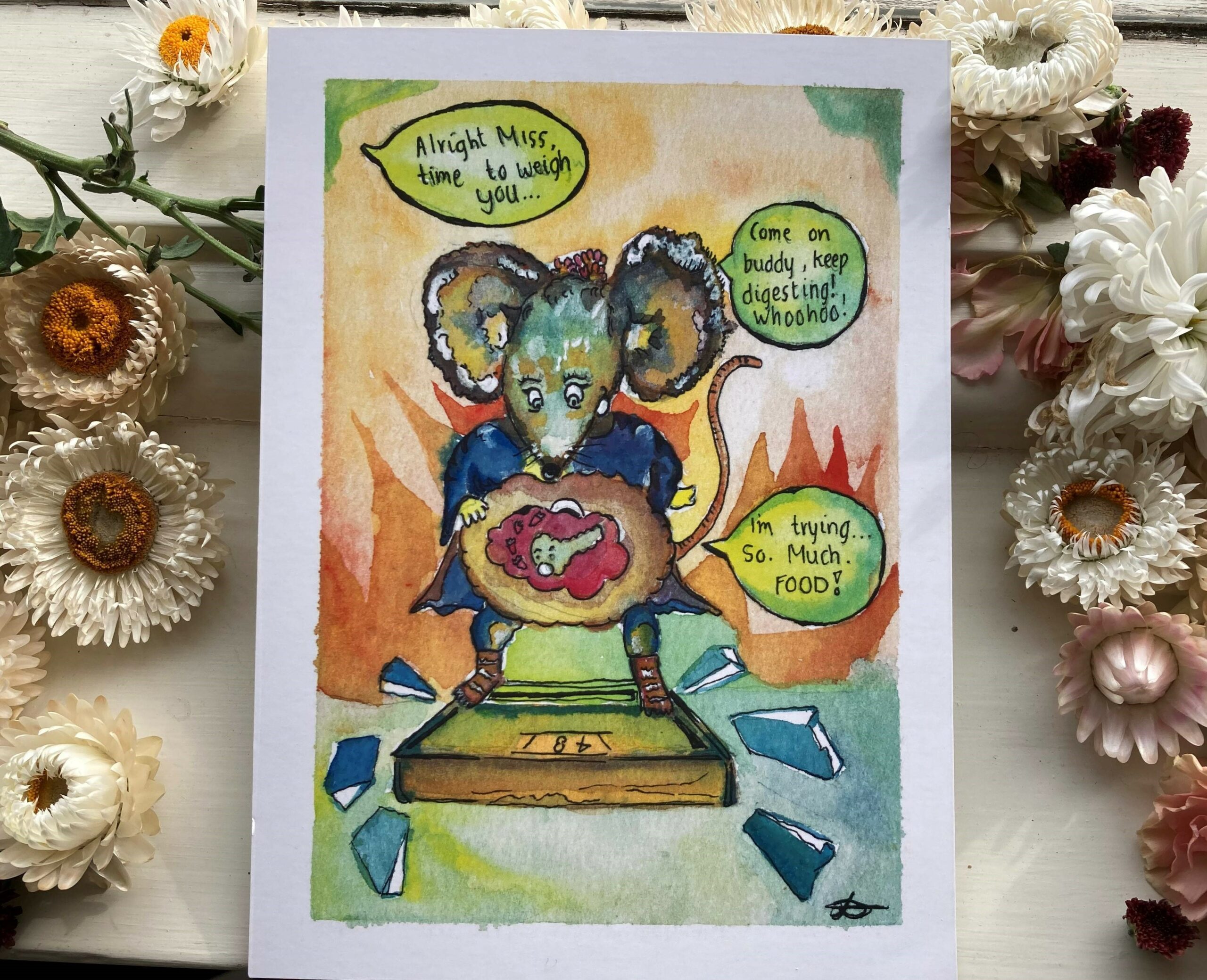 One of Lucy Paterson's watercolour artworks, depicting a cartoon mouse on scales, struggling to digest food..