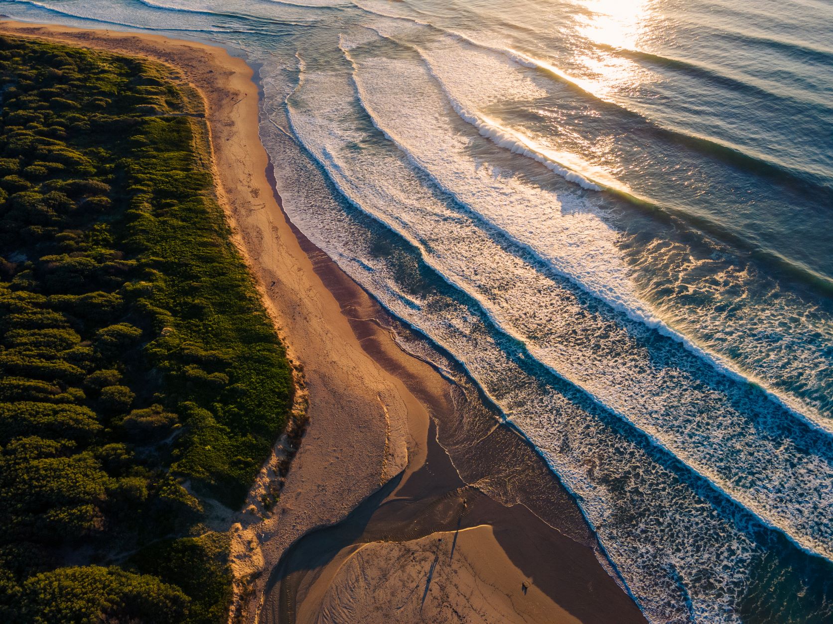 Image by Rory O'Keefe. Image is taken from above and is of a coastline. On one side is the grassy green coastine and on tyhe other is the water, rolling waves heading towards the beach. The water and grass are broken by a strip of yellow sand. The ohoto is taken at either dusk or dawn and the sun light turns the image golden.