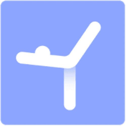 Image is a logo. A white stick figure of a person stands facing the left, they lean over with their arms above their head and one leg raised. The background is a pale purple colour.