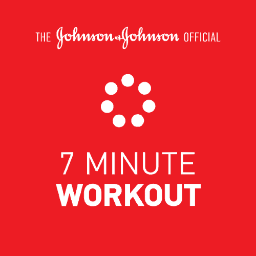 Logo for Johnson & Johnson 7 Minute Workout. White text on red background. Text reads from top: The Johnson & Johnson Official 7 Minute Workout. A circle of white dots sits in the middle of the image.